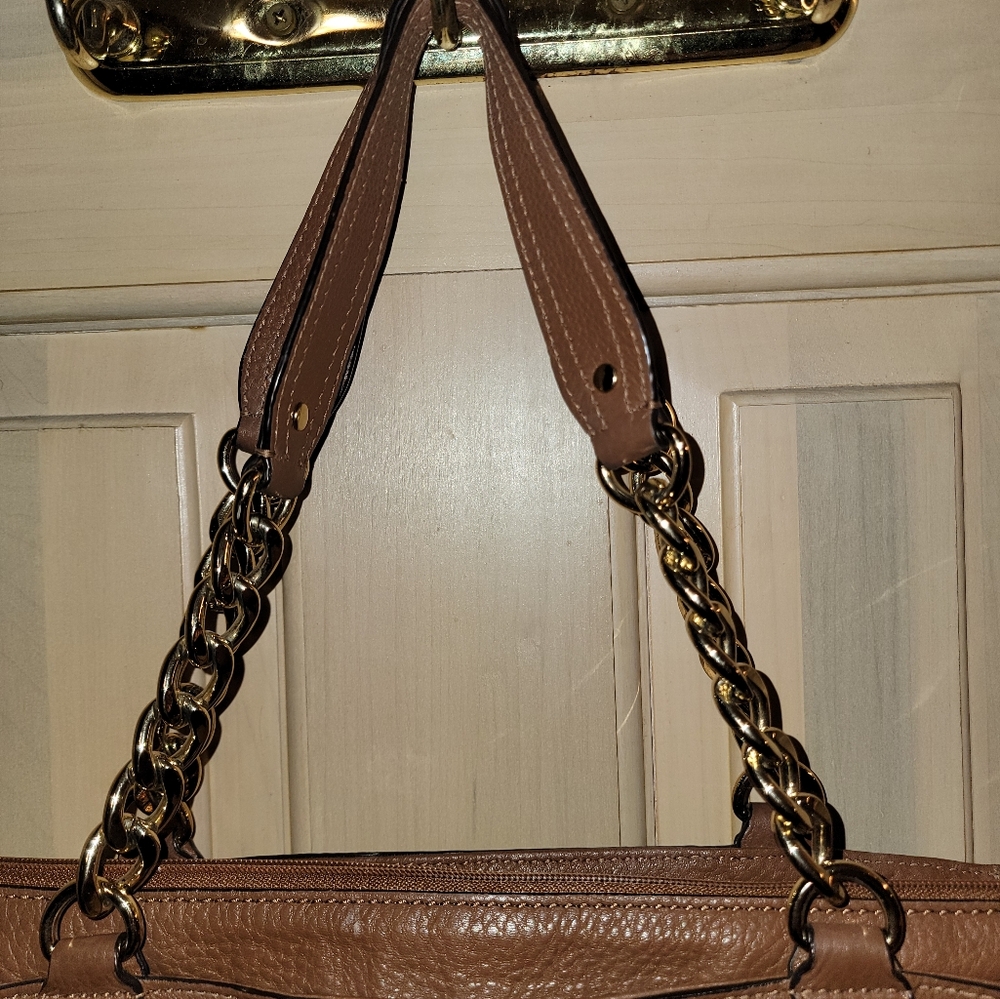 Michael Kors Double Handle Chain And Leather Purse Gold Studs Satchel - Picture 4 of 13